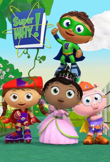 to the left) the protagonist of a kids show named super why (to